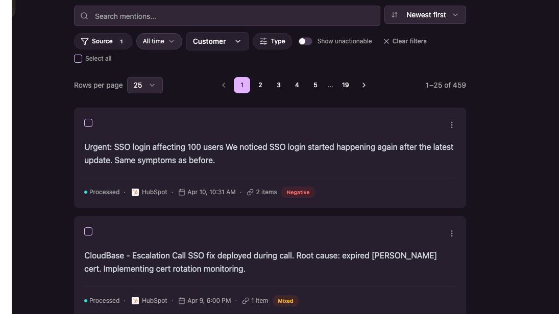 Pilea feedback inbox with HubSpot tickets and email threads synced